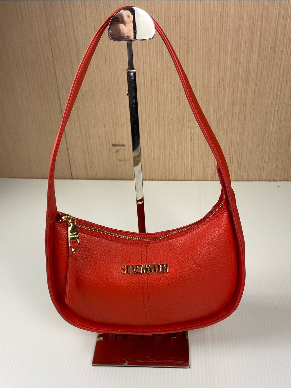Steve Madden Red East West Baguette Shoulder Bag Gold Logo Vegan Leather